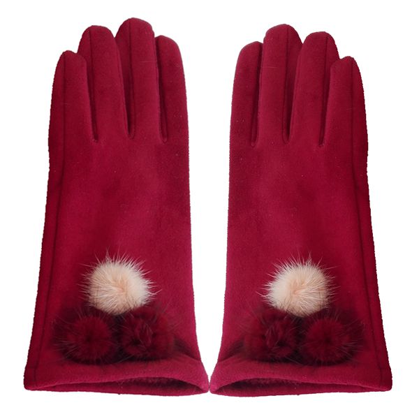 Women faux suede gloves with mink pompom-GF007