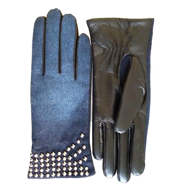 Women Leather/Denim Gloves with studs-UC8141