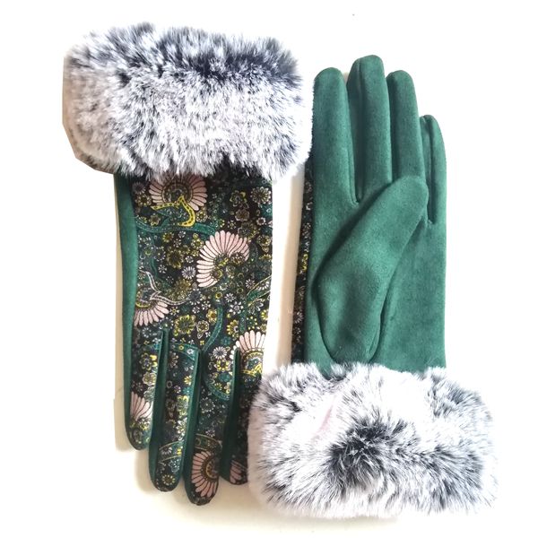 Floral Printed Gloves with Fur Cuff-GF09