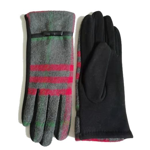 Women Check Gloves with PU Bow Detail-GF015