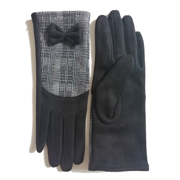 Women Faux Suede Glove with Check Bow Detail-GF018