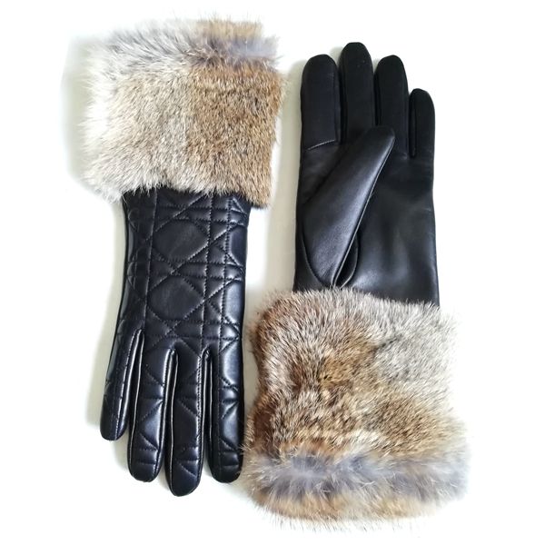 Women Leather Glove with Rabbit Cuff-GW024